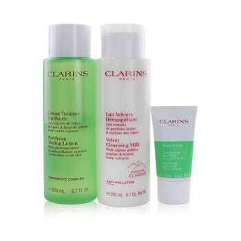 Clarins Perfect Cleansing Set (Combination to Oily Skin): Cleansing Milk 200ml+ Toning Lotion 200ml+ Pure Scrub 15ml+ Bag
