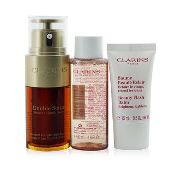 Clarins Youthful Radiance Set: Double Serum 30ml+ Cleansing Micellar Water 50ml+ Beauty Flash Balm 15ml