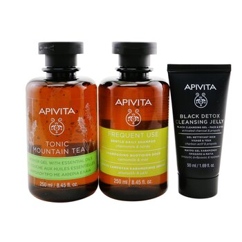 Apivita Natures Greetings Set: Tonic Mountain Tea Shower Gel 250ml+ Gentle Daily Shampoo 250ml+ Black Cleansing Gel 50ml (Exp. Date: 05/2023)